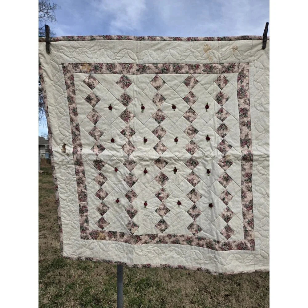 Handmade Floral Print Cotton Hand Quilted Lap Throw Coverlet Baby Quilt Rosettes